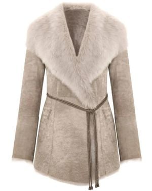 Bigardini Lumina Shearling-Trim Belted Jacket - Natural