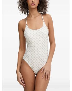 Guess Logo-Print Cut-Out Swimsuit - White