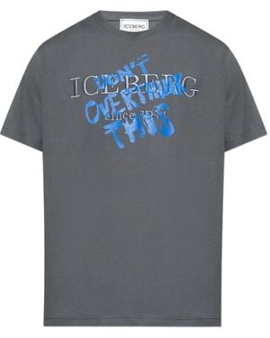 Iceberg Graffiti-Print Logo-Embroidered T-Shirt - Blue