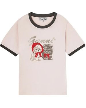 Ganni Dog-Print Ringer T-Shirt - Pink