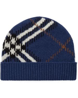 Burberry Check Cashmere Blend Beanie - Blue