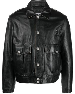 DSquared² Button-Fastening Leather Bomber Jacket - Black