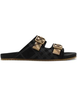 Burberry Checked Suede Sandals - Black