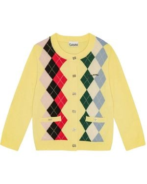 Ganni Long Sleeve Chequered Jumper With Button Closure - Yellow