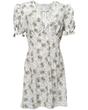 Pushbutton Jurk Met Pofmouwen En Patroon - Wit