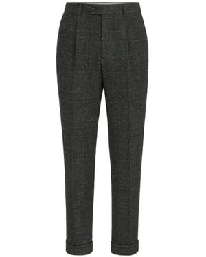 Brunello Cucinelli Silk, Wool And Cashmere Prince Of Wales Flannel Trousers With Pleat - Black