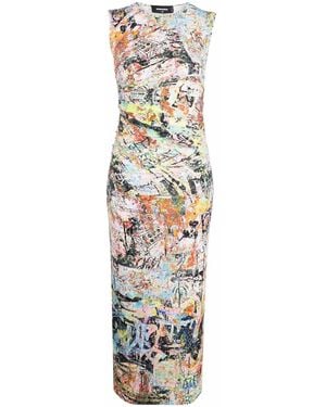 DSquared² Abstract-Print Gathered-Detail Midi Dress - White