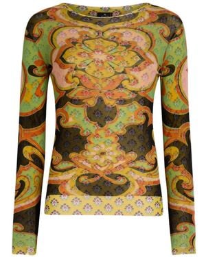 Etro Stretch Tulle Top With Placed Floral Print - Green