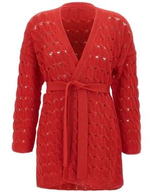 Kangra Open-Knit Belted Cardigan - Red