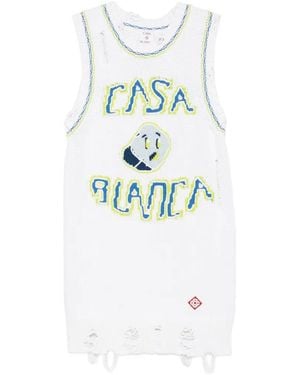 CASABLANCA Distressed-Detail Intarsia-Knit Mini Dress - White