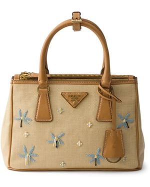 Prada Galleria Small Canvas And Leather Embroidered Bag - Neutro