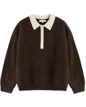 Chinti & Parker Chocolate Contrast-Collar Wool Polo Top - Brown