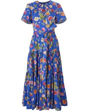Carolina Herrera Poppy-Print Tiered Sash Midi Dress - Blue