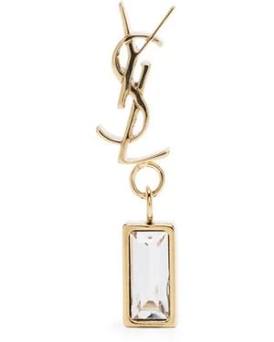Saint Laurent Pendientes Con Logo Grabado Y Cristales - Blanco