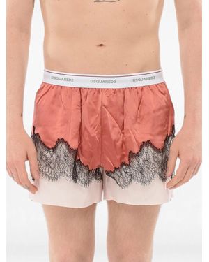 DSquared² Lace-Trim Satin-Panel Boxers - Pink