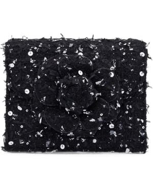 Oscar de la Renta Mini Tro Sequin-Embellished Floral-Appliqué Clutch Bag - Black