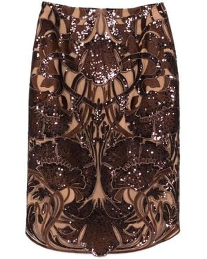 Elie Saab Sequin Floral Midi Skirt - Brown