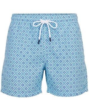 Fedeli Geometric-Print Drawstring Swim Shorts - Blue