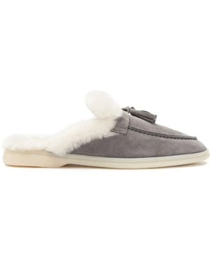 SCAROSSO Suede Tasselled Shearling Mules - White