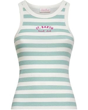 MC2 Saint Barth Sage And Striped Ribbed Cotton Ada Tank Top - Blue