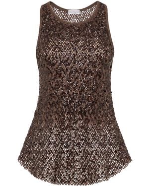 Brunello Cucinelli Sequin-Embellished Mesh Top - Brown