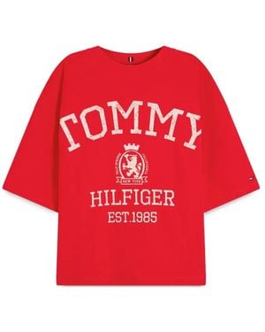 Tommy Hilfiger Crest Logo-Print Drop-Shoulder T-Shirt - Red