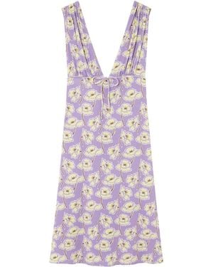 Versace Poppies V-Neck Midi Dress - Purple