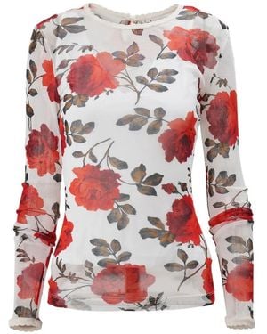 Carolina Herrera Rose-Print Mesh Top - Red