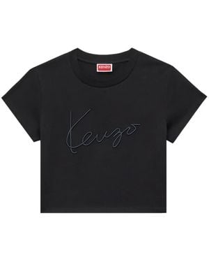 KENZO Signature-Embroidered Cropped T-Shirt - Black