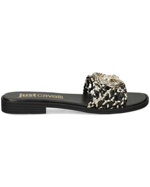 Just Cavalli Logo-Plaque Woven Sandals - White