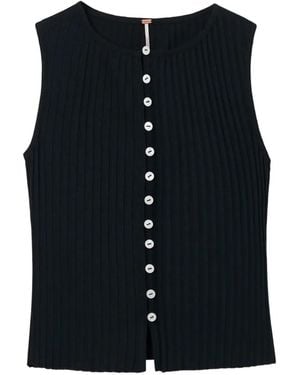 Free People Ribbed-Knit Button-Front Top - Blue