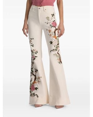 Alice + Olivia Beautiful Floral-Embroidered Flared Jeans - Natural