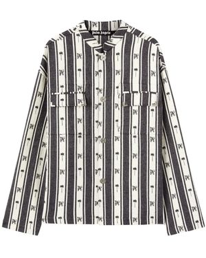 Palm Angels Monogram-Print Striped Overshirt - Black