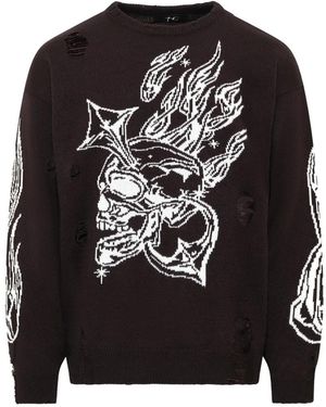THUG CLUB Chrome Skull Distressed-Knit Jumper - Black