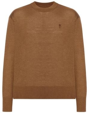 Ami Paris Embroidered Wool Jumper - Brown