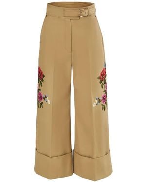 Carolina Herrera Floral-Embroidered Belted Pants - Natural