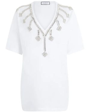 Philipp Plein V-Neck Crystal Fringes T-Shirt Dress - White