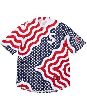Supreme New York Usa Shop S Logo Baseball Henley Flag T-Shirt - Red
