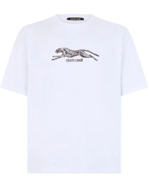 Roberto Cavalli Cheetah-Print Logo-Print T-Shirt - White