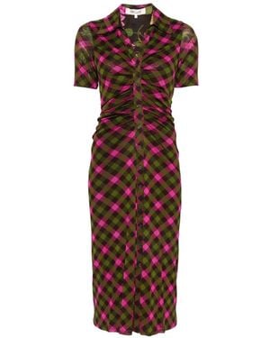Diane von Furstenberg Zoey Gingham-Print Ruched Midi Dress - Brown