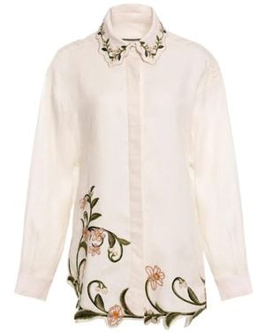 Agua Bendita Cecilia Valle Floral-Embroidered Shirt - White
