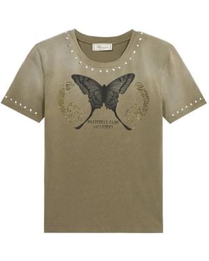 Blumarine Butterfly-Print Studded T-Shirt - Grey