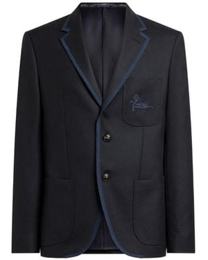 Etro Single-Breasted Wool Jacket With Pegaso Logo - Blue