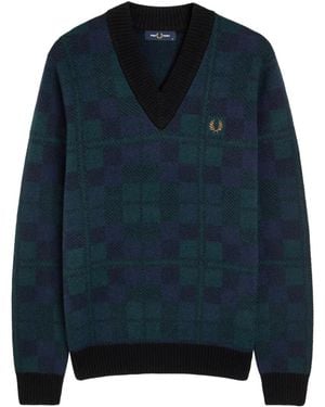 Fred Perry Tartan V-Neck Jumper - Blue