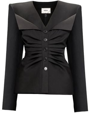 Nissa Wool-Blend Ruched Blazer - Black