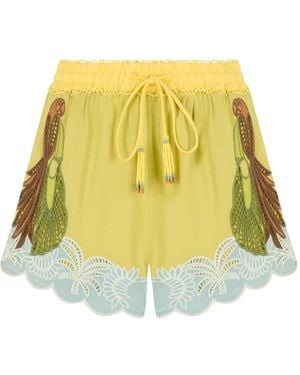 FARM Rio Embroidered Scalloped-Hem Mini Shorts - Yellow