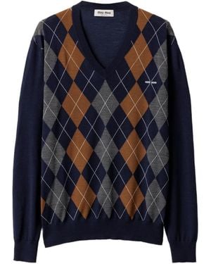 Miu Miu Pull En Laine À Col V - Bleu