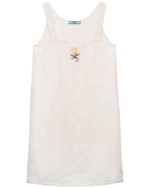 Prada Embroidered Slubbed Fabric Mini-Dress - White