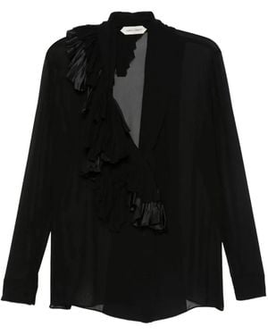 Alberta Ferretti Asymmetrical Ruffle Silk Blouse - Black