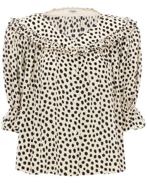 Chloé Ruffled Polka-Dot Top - White